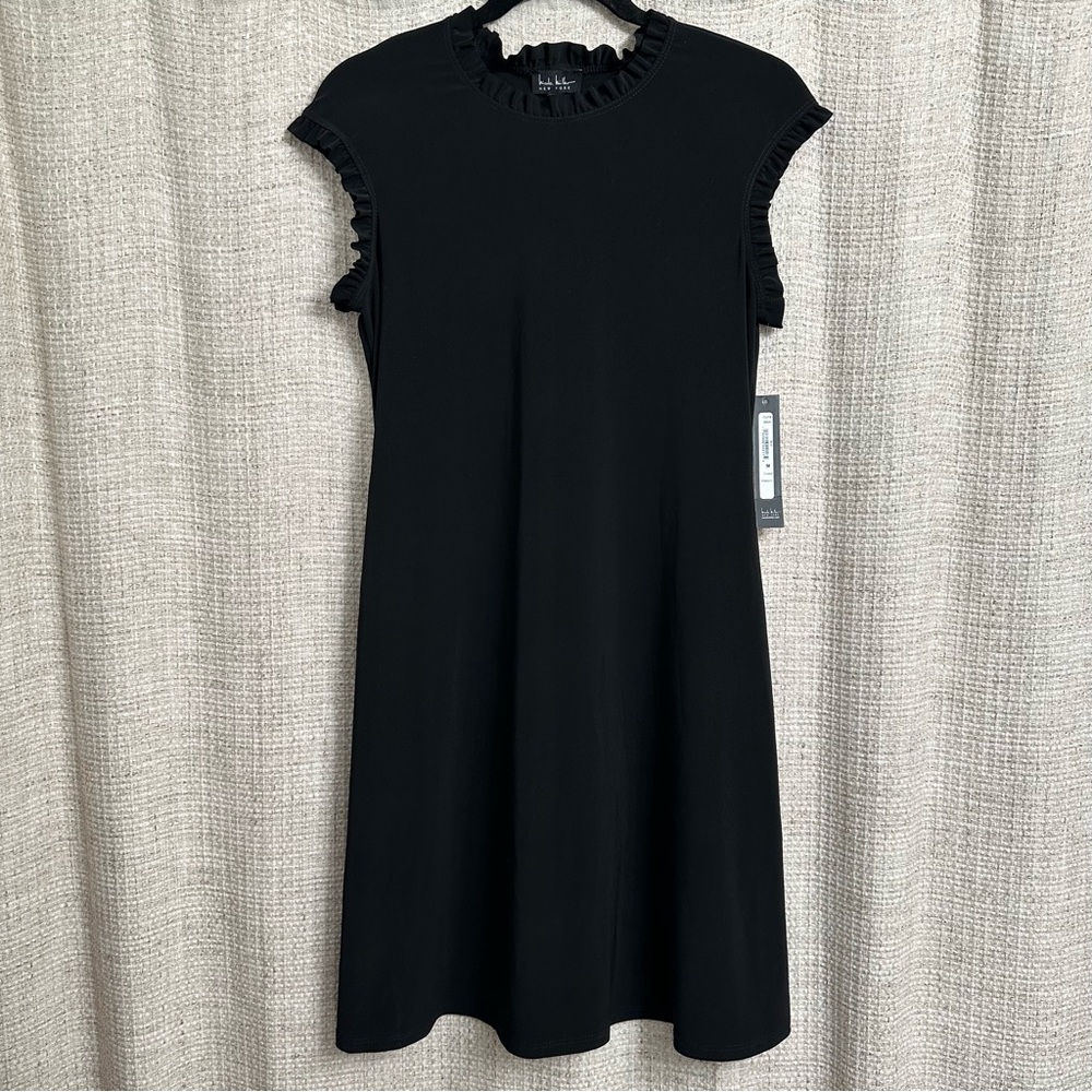 NWT Nicole Miller Black Short Sleeve Ruffle Sleeve Flowy Dress Size Medium